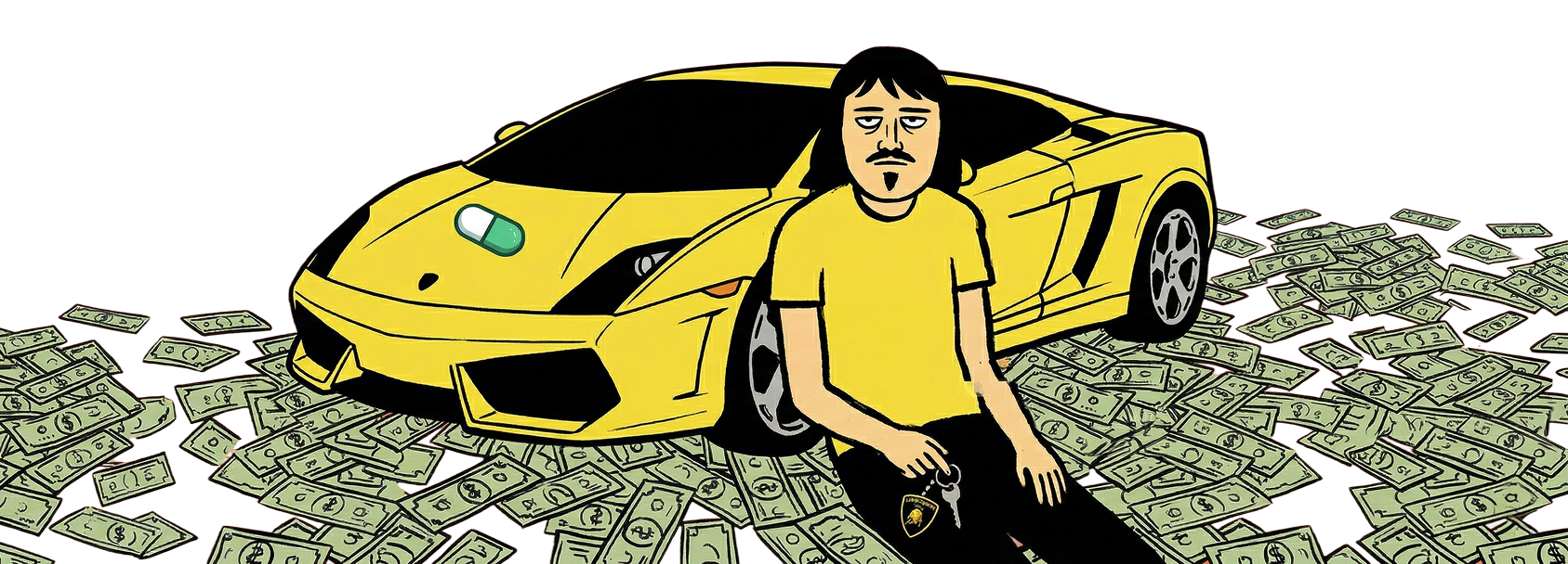 Man sitting next to a yellow Lamborghini surrounded by money
